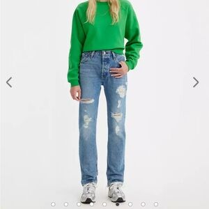 501 Levi's Button Fly Blue Distressed Straight Leg Jeans